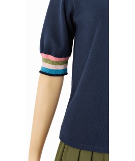 Bluză din lână dark denim-manșeta multicolor